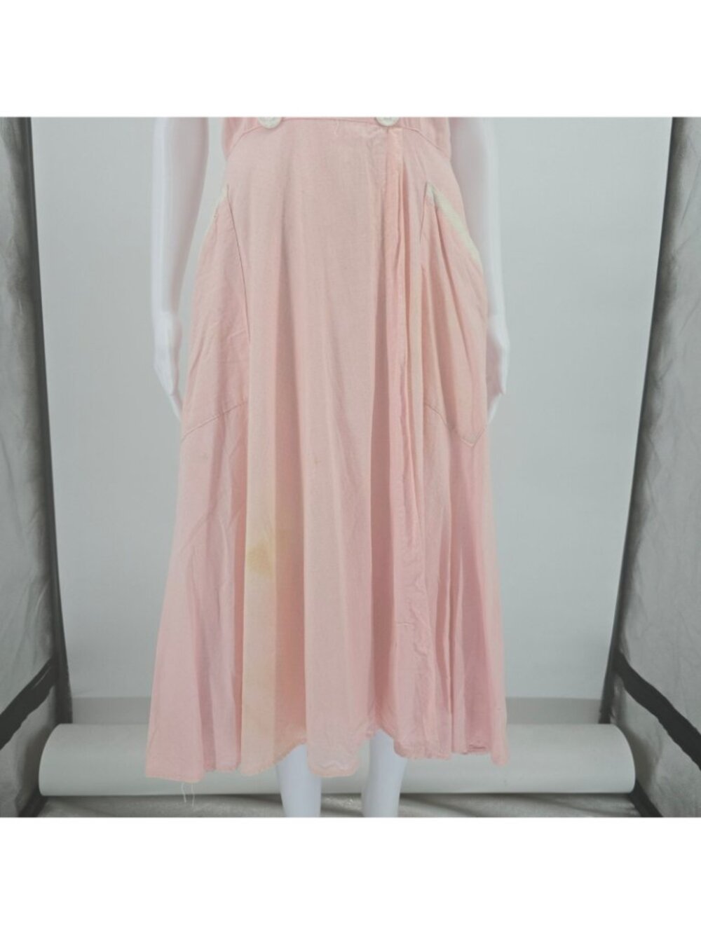 Vintage 1950s Loungees Pink Swiss Dot Double-Breasted Fit & Flare Day Dress (L) - Picture 3 of 13